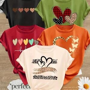 5 pcs Women's Vintage Casual Short-Sleeve Round Neck T-Shirts - Size M/L
